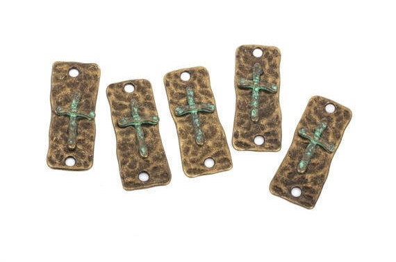5 CROSS Charms Pendants, 2 hole bracelet connector links, bronze base with green patina cross, rustic hammered metal, 37x15mm, chb0433a