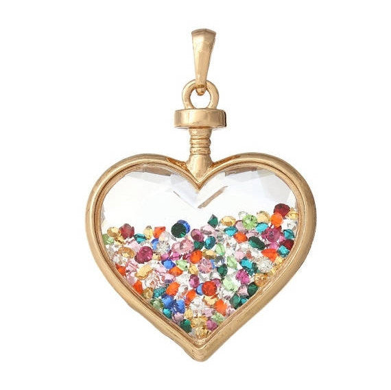 Large Floating Locket Heart Pendant, free floating chaton rhinestones inside sealed beveled glass and gold heart,  chg0171