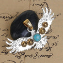 EAGLE Pendant, SILVER with gold flowers and turquoise blue cabochon, textured metal, 3.25" chs2675
