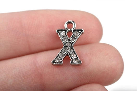 4 Letter X Monogram Initial Letter Charms, Rhinestones embedded in silver metal, 15mm (5/8")  chs2648