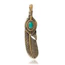 Large FEATHER Pendant, Faux Turquoise Cabochon, Antiqued Gold Metal, 2.5" long chg0495