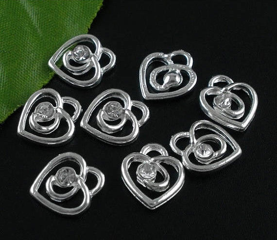 10 pieces Silver Plated CLEAR Rhinestone Love Heart Charm Pendants 13x12mm . chs0863