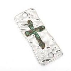 5 CROSS Charms Pendants, 2 hole bracelet connector links, silver base with green patina cross, rustic hammered metal, 37x15mm, chs2392