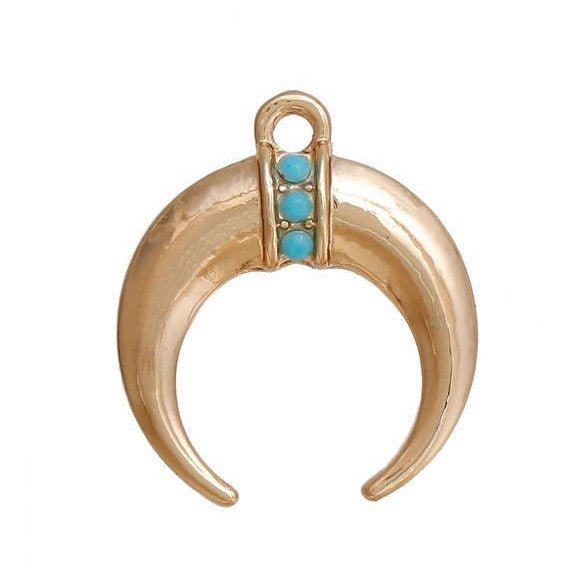 5 Gold Double Horn Charm Pendants, crescent moon charms, faux turquoise cabochons, 18x16mm, chg0509