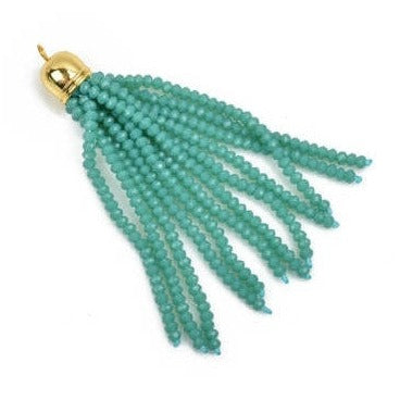 Crystal Bead Tassel Charm Pendant, TURQUOISE crystals with GOLD cap, about 3" long chg0562