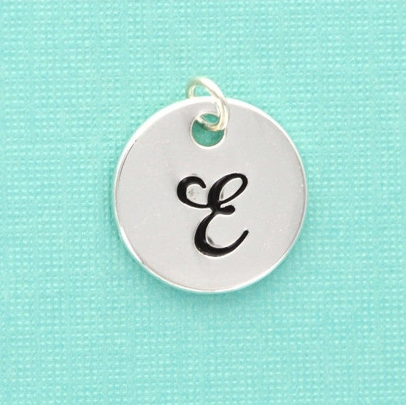 Stamped Monogram Letter " E " Stamped CIRCLE Tag Charm . Silver Plated 19mm (3/4") chs1491