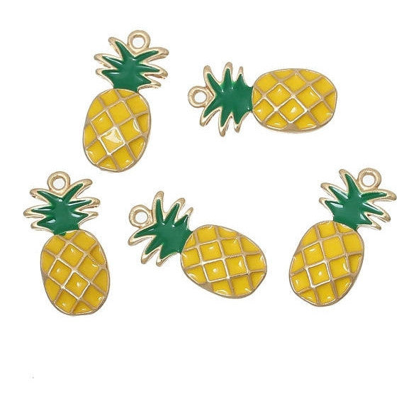 4 PINEAPPLE Charm Pendants, Yellow and Green enamel and GOLD plating, gold charms, symbol of hospitality, chg0272