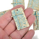 2 Large CROSS Charm Pendants, light gold base with soldered cross, blue green verdigris patina, rustic hammered metal, 42x26mm, chg0484