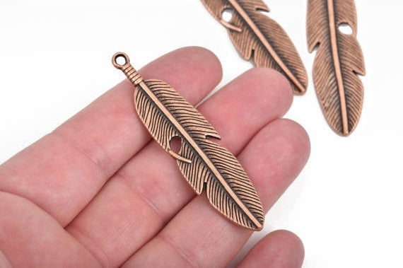 5 Copper FEATHER Charms, Oxidized Copper metal charms, Copper feather pendants, 61x15mm, 2-3/8" long chc0084