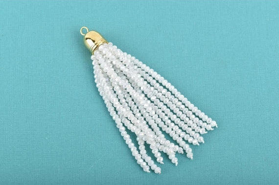 Crystal Bead Tassel Charm Pendant, WHITE AB crystals with Gold cap, about 3" long  chg0611