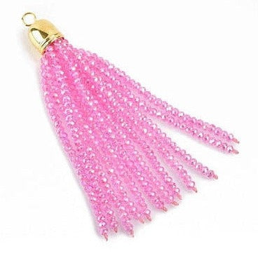 Crystal Bead Tassel Charm Pendant, PINK AB crystals with Gold cap, about 3" long chg0614