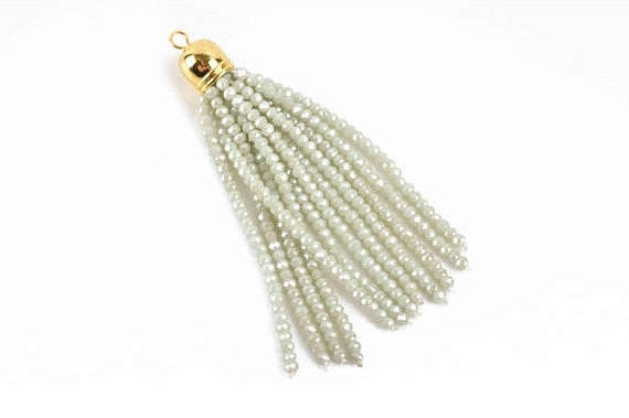 Crystal Bead Tassel Charm Pendant, HONEYDEW Green crystals with GOLD cap, about 3" long chg0613