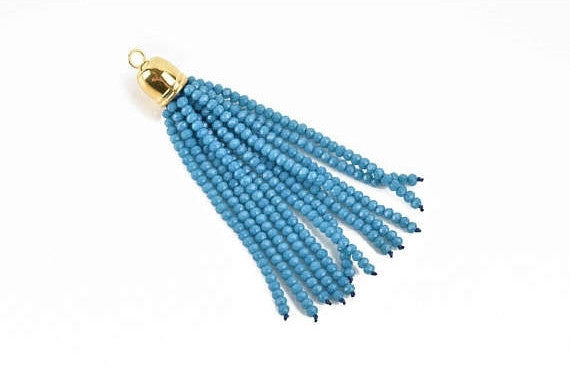 Crystal Bead Tassel Charm Pendant, TEAL BLUE crystals with Gold cap, about 3" long chg0615