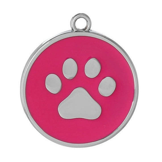 2 Large HOT PINK Paw Print Charm Pendants, Silver Enamel Discs, School Team Mascot Charms  che0470