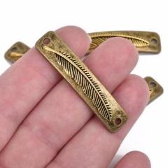 5 FEATHER Bracelet Connector Links, bronze base with gold feather, curved bracelet charms, 48x10mm, chb0500