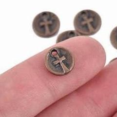 10 Copper CROSS Dot Charms, relic charms, round coin charms, 10mm, chs2969