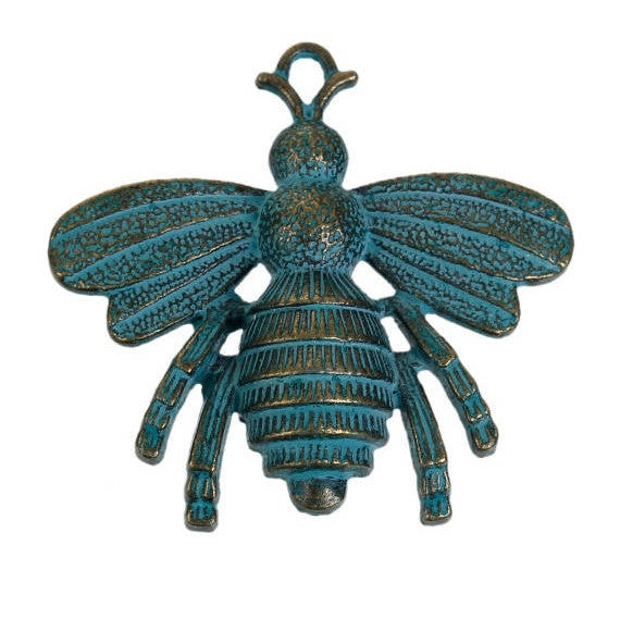 5 BEE Charm Pendants, Blue Green Patina over Bronze Brass, Large Bumblebee Queen Bee Charms, 39x36mm, chb0489