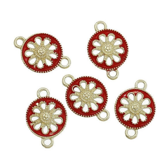 5 RED FLORAL Connectors Round Links, Enamel Charm Pendants, gold plated, 1/2" dia. Chg0356