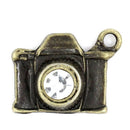 5 Antique Bronze CAMERA Charm Pendants with Clear RHINESTONES. chb0040