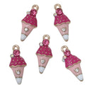 5 ICE CREAM Cone Gold-Plated Rhinestone Metal Charm Pendants, Pink and White Enamel, che0511