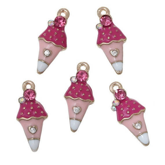 5 ICE CREAM Cone Gold-Plated Rhinestone Metal Charm Pendants, Pink and White Enamel, che0511