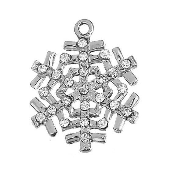 3 Rhinestone Silver SNOWFLAKE Charms, clear crystals, 29mm, chs2673