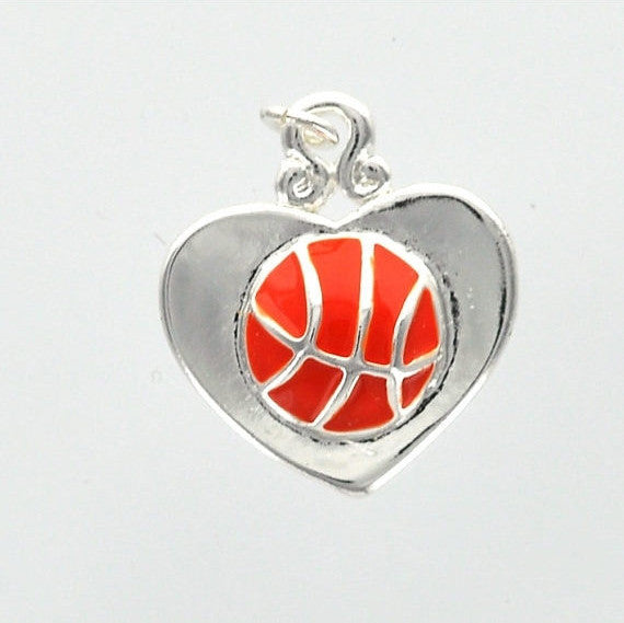 1 silver plated Orange BASKETBALL HEART Charm . che0252