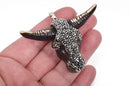 BULL LONGHORN Skull Pendant, Pave' Rhinestones, Resin Molded with silver bail, 2-3/4" wide cho0206