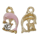 5 Pink Dolphin Charms, Dolphin Pendant, with rhinestone gold charms, enamel, chg0366