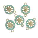 5 BLUE FLORAL Connectors Round Links, Enamel Charm Pendants, gold plated, 1/2" dia. Chg0355