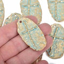 5 Hammered Gold Cross Pendant Charms, Light Gold with blue green verdigris patina, large oval 1-7/8" long chg0485