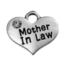 1 MOTHER IN Law Heart Charm Pendant, Stamped Words on Both Sides, Clear Rhinestone, 16x14mm  chs2292