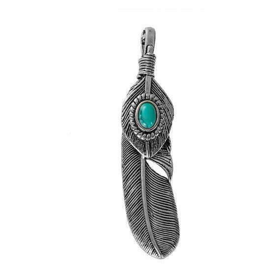 Large FEATHER Pendant, Faux Turquoise Cabochon, Antiqued Silver Metal, 2.5" long  chs2671