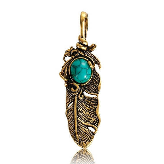 Large FEATHER Pendant, Faux Turquoise Cabochon, Antiqued Gold Metal, 1-7/8" long,  chg0494
