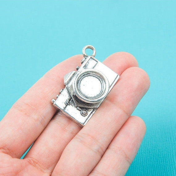 2 Large Silver Tone Metal CAMERA . Charm Pendants, 36x22mm chs0034