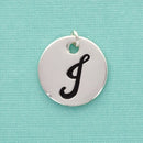 Stamped Monogram Letter " J " CIRCLE Tag Charm . Silver Plated 19mm (3/4") . Chs1450