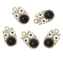 2 Gold OWL Charm Pendants, enamel and rhinestone crystals, chg0276