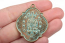 4 Light Gold Patina Relic Charm Pendants, religious medal coin charms with green verdigris patina, double sided design, 40x34mm, chs2878