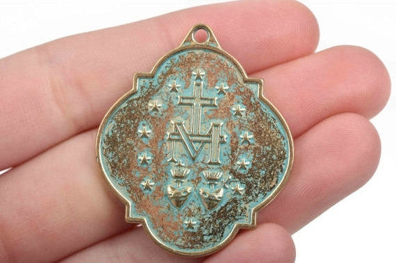 4 Light Gold Patina Relic Charm Pendants, religious medal coin charms with green verdigris patina, double sided design, 40x34mm, chs2878