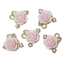 5 PINK ROSE Charm Pendants, small gold plated, resin rose with rhinestones, 15x13mm, chg0321