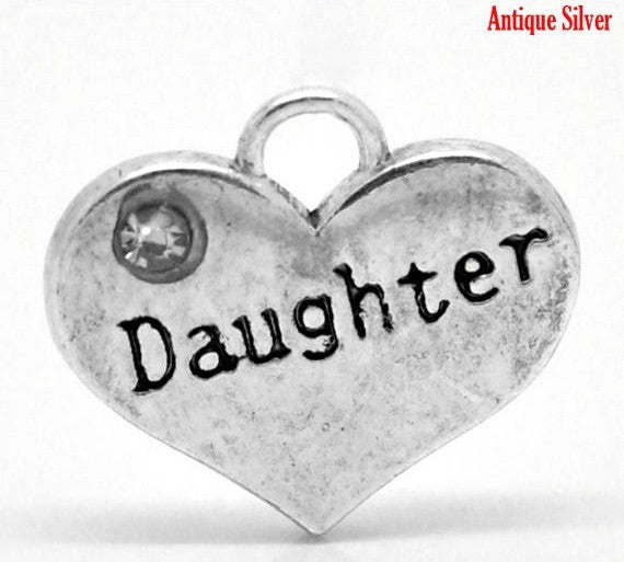 1 DAUGHTER Antique Silver Tone Charm Pendants, heart with rhinestones  chs0856