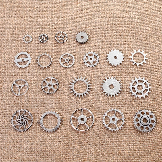 20 count Mixed Set STEAMPUNK GEAR Cog Silver Pewter Charm Pendants, faux watch parts, mixed styles and sizes, 12mm to 26mm, chs2790