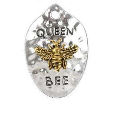 2 QUEEN BEE Spoon Charm Pendants, silver base with gold bee, rustic hammered metal, 43x28mm, chs2417