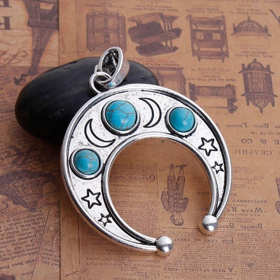 1 Silver CRESCENT MOON Pendant Charm with star design and faux turquoise, Silver Bail, Upside Down Half Moon, 2-1/4" wide chs2810