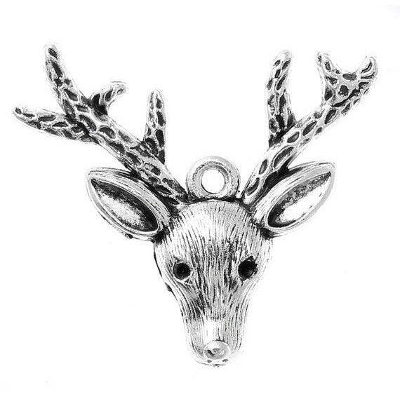 4 Silver DEER with ANTLERS Charm Pendants, hunting, wildlife chs1812