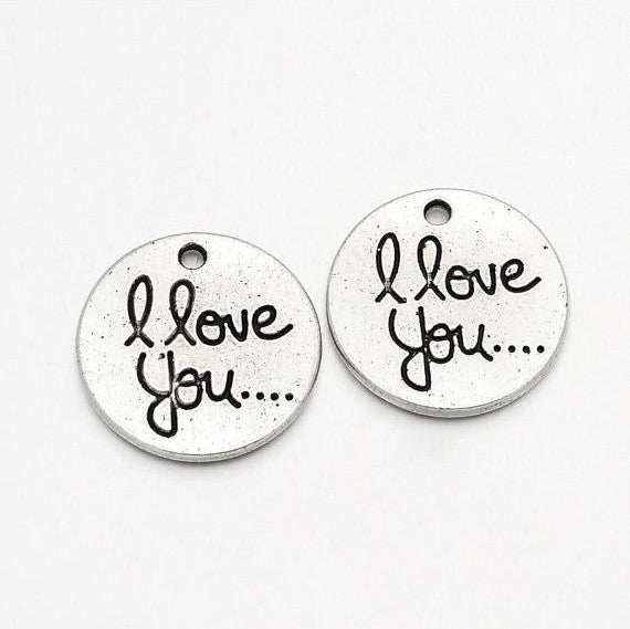 10 I Love You.... Pendant Charms, silver circle disc charms, silver tone metal,  20mm, chs2190