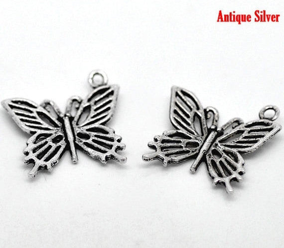 4 Silver Tone Metal BUTTERFLY Charm Pendants . 20x20mm (3/4"x3/4")  chs0848