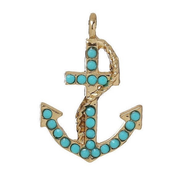 5 NAUTICAL ANCHOR Charms or Pendants, Gold Plated with opaque turquoise blue accents, chg0363