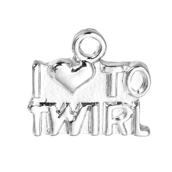 5 Silver I Love to TWIRL Charm Pendants, Baton Twirling, Cheerleading, Color Guard Charms, 14x12mm, chs2333