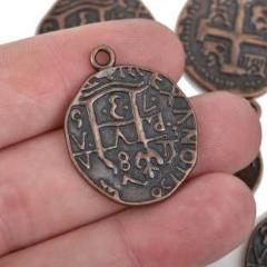 5 Copper Coin Relic Charm Pendants, round coin charms, copper plated metal, double sided design, 30x25mm, chc0065